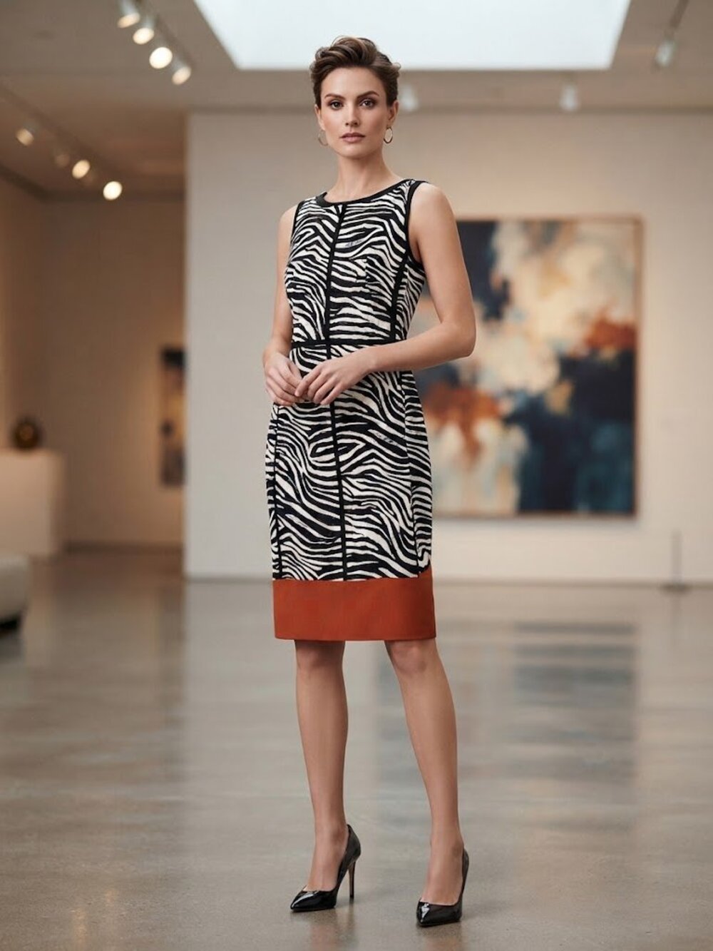 Karen Millen Zebra Print Panelled Shift Dress with Burnt Orange Hem, Size 12